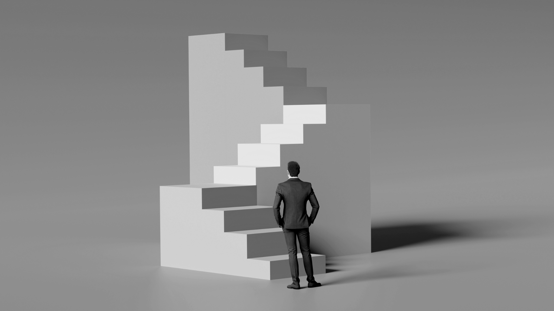 Ilustracija čovjeka u odijelu ispred stepenica
